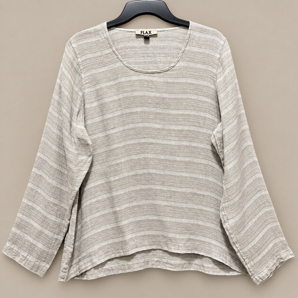 FLAX Linen Top Womens Small Tan Striped Excellent Long Sleeve Blouse